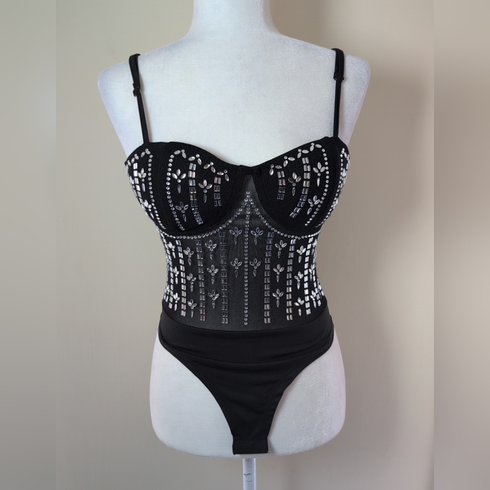 Nylon Apparel Rhinestone Bodysuit Corset Black S